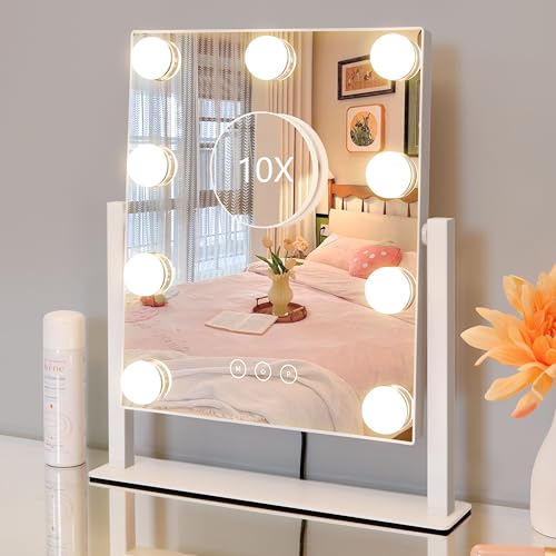 Vanity Mirror with Lights,Lighted Vanity Mirror with 9 Dimmable Bulbs for Dressing Room & Bedroom,3 Color Lighting,Modes Detachable 10x Magnification 360¡ÆRatation(White) 12" L x 14.4" W