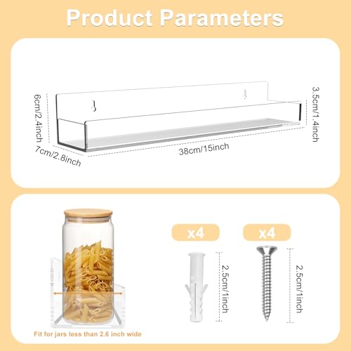 Clear Acrylic Floating Shelves Wall Mounted 15 Inch Invisible Kids Bookshelf Figurine Display Shelf Spice Rack for Office Bathroom Kitchen (4 Pack)