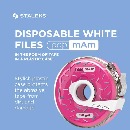 Staleks Pro Disposable White Abrasive Tape papmAm Expert ? 150 Grit ? 7m Roll in Plastic Case ? Glueless Replaceable Abrasive ? Professional Nail Filing ? Manicure & Pedicure
