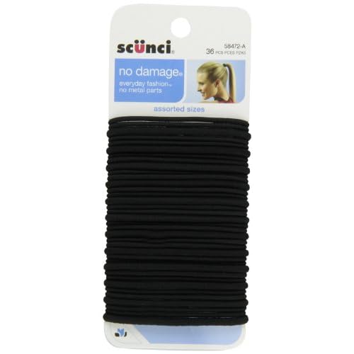 Scunci No-Damage Elastic Stretch Hairbands in Assorted Widths in Black, 36 Count
