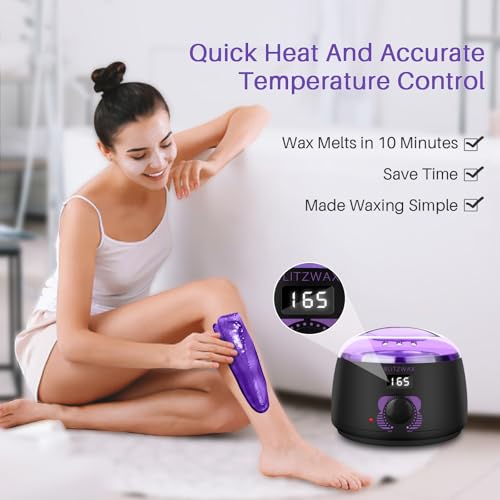 BLITZWAX Brazilian and Bikini Waxing Kit With 1lb Lavender Wax Beads, Hard Wax Warmer for Face, Legs and Body, At Home Hair Removal Kit, Beginner Friendly, Digital Fast Heating, 52 Wax Items