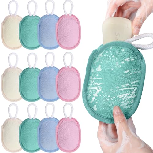 Sunnyray 12 Pcs Bath Body Exfoliating Soap Saver, Exfoliator Scrubber Pouch, Bath Loofah Sponge Body Scrubber Shower Sponge Exfoliating Mesh Pouf for Women and Men Bathing (Soft Color)