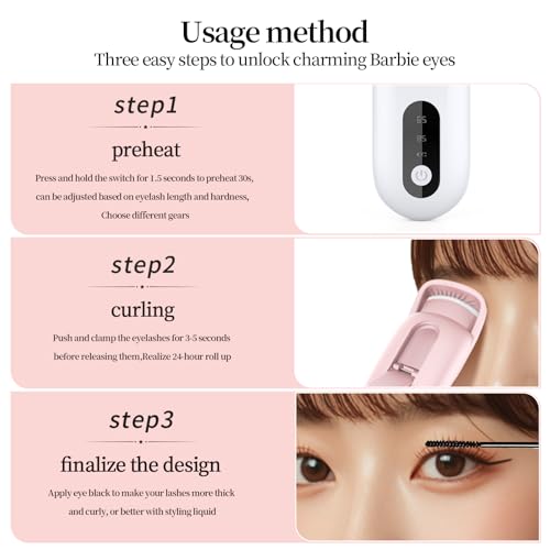 Heated Eyelash Curler for Natural Lashes 2-Level Adjustable Temperature Mini Electric Lash Curler Fast 3-Second Heat Up 24 Hours Long-Lasting Curl