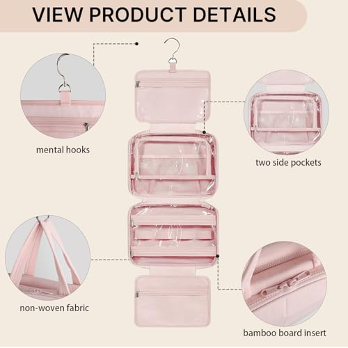Travel Toiletry Bag for Women,Portable Hanging Makeup Organizer with Jewelry Organizer,Cosmetic Travel Bag for Toiletries,Full Sized Shampoo,Conditioner,Pink