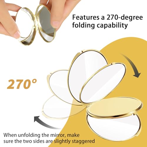 12 Pcs Portable Folding Compact Mirror Bulk with Storage Bag Mini Double Sided Makeup Mirror with 1X and 2X Magnification for Women Bridesmaid Travel Gifts (Gold)
