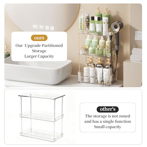 Bathroom Counter Organizer for Vanity, Makeup Organizer Countertop with Holder, Large Capacity Storage Rack, Perfect Large Skincare, Hair Care, Perfume, Easy to Install (Clear, 3Tiers)