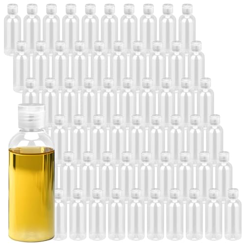 60 Pack 2oz Clear Plastic Empty Bottles with Flip Cap, Small Travel Bottle, Portable Refillable travel Size Containers for Shampoo, Lotion, Liquid Body Soap, Cream, Toner