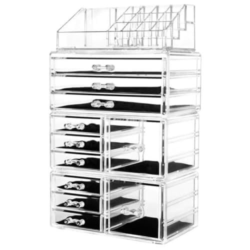 Acrylic 4 Pack Makeup Organizer with 11 Drawers, Clear, Stackable Cosmetic Organizer For Lipstick, Jewelry and Makeup Brushes, Beauty Storage With Drawers For Dresser And Bathroom.