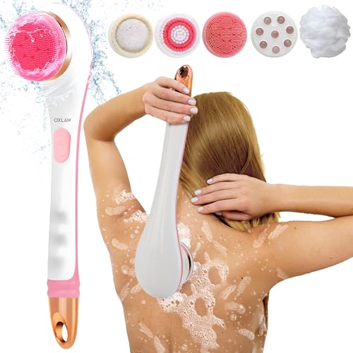 Body Brush Rechargeable, Electric Body Brush Set, Scrubber Shower Brush with Long Handle, Spin Skin Brush with 6 Brush Heads for Cleanse, Massage, exfoliate and Pamper Your Skin in The Shower (Pink)