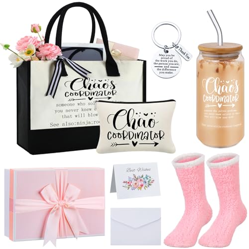 Paterr 7 Pcs Coworker Gifts for Women Thank You Gifts Include Tote Bag Makeup Bag 18oz Cup Socks Keychain Thank You Card and Box for Coworker Nurse Wife