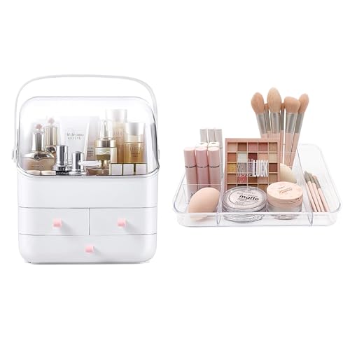 SUNFICON Makeup Organizer Holder Cosmetic Storage Box with Makeup Tray Organizer Set