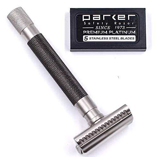 Parker Semi-Slant Safety Razor ? Graphite Finish | Close Shaving Double Edge Razor for Sensitive Skin & Coarse Hair | Slanted Precision Head + 5 Platinum DE Blades | Iconic Brand