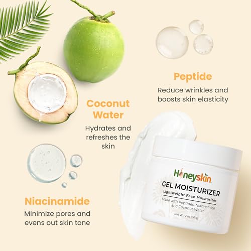 Honeyskin Gel Moisturizer for face ? Lightweight Water Gel Infused with Coconut water with Niacinamide & Peptides for Deep Hydration ? Hypoallergenic Face Moisturizer for Women 2oz