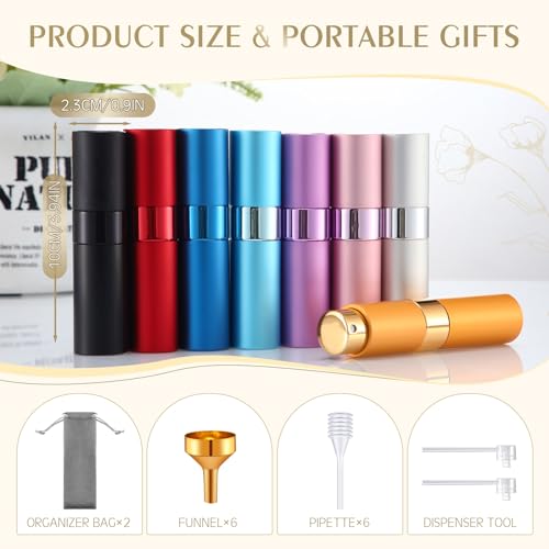 Honeydak 16 Pack 8 ml Refillable Perfume Atomizer Mini Refillable Spray Travel Bottles Empty Cologne Sprayer Portable Fragrance Atomizer with Funnel, Dispenser, Pipettes, Bag(Multicolor)
