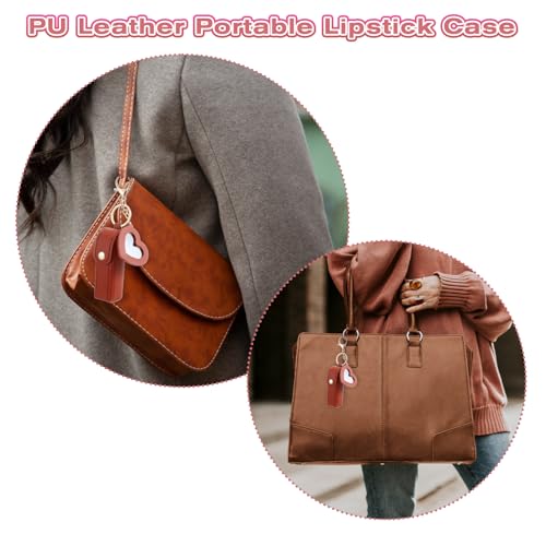 5 PACK Lipstick Holder Keychain with Mirror, PU Leather Portable Lipsticks Holder Soft Leather Portable Lipstick Pouch with Metal Key Ring for Travel Party Gift Valentine's Day for Women