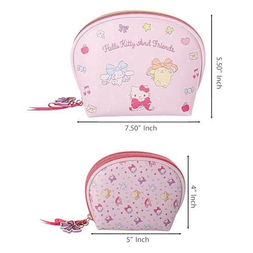 Hello Kitty Makeup Bag Set 2-Pieces Official License, Cute Dome Cosmetic Travel Bags, Sanrio Gifts