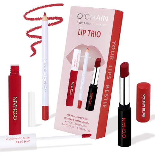 O'CHAIN 3PCS Lip Liner & Lipstick Combo Set, Velvet Matte Lipstick and Matte Liquid Lipstick, Long-Lasting Waterproof and Smudge Proof, Lip Makeup Kit for Women (12 REY)