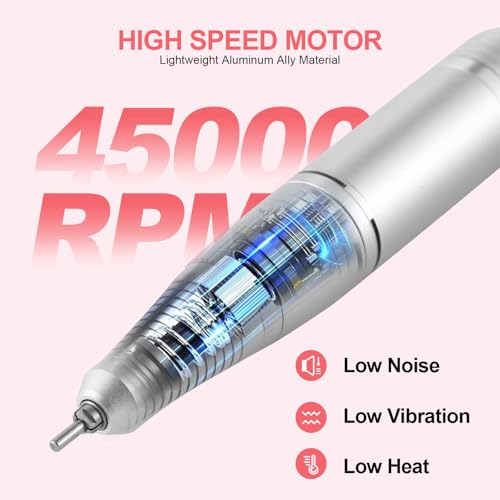 Electric 45000RPM Nail Drill Machine Rechargeable Portable Nail File Electric DIY Nail Drill Kit with Smart LCD Screen for Gel Nail Manicure and Pedicure Reflective Body etc (White)