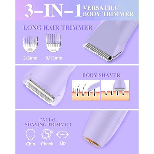 Bikini Trimmer for Women, Electric Razor for Pubic Hair 3-in-1, Bikini Shaver for Legs Body Hair, Womens Electric Razor IPX6 Waterproof, Gifts for Women,Purple