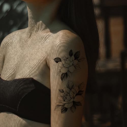 10 Sheets Waterproof Temporary Tattoo Stickers 3D Black Branch Rose Peony Flower Girls Blossom Waterproof Arm Leaf Sexy Arm Chains Pattern Perfect for Parties, Events and More