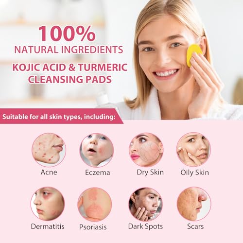 80 PCS Kojic Acid and Turmeric Cleansing Pads,Turmeric Cleansing Pads for Face Remove Excess Keratin,Balance Skin Oil And Water