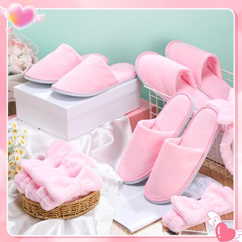 12 Pcs Girls Spa Party Supplies for Kids Gifts Sleepover Party Supplies Include 6 Closed Toe Kids Disposable Slippers 6 Bow Spa Headbands for Makeup Slumber Favors Birthday