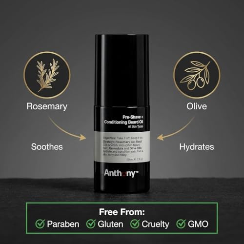 Anthony Pre-Shave and Conditioning Beard Oil, 2 Fl Oz, Contains Rosemary, Basil, Olive and Calendula Oils, Hydrates, Softens, Nourishes, and Conditions Skin