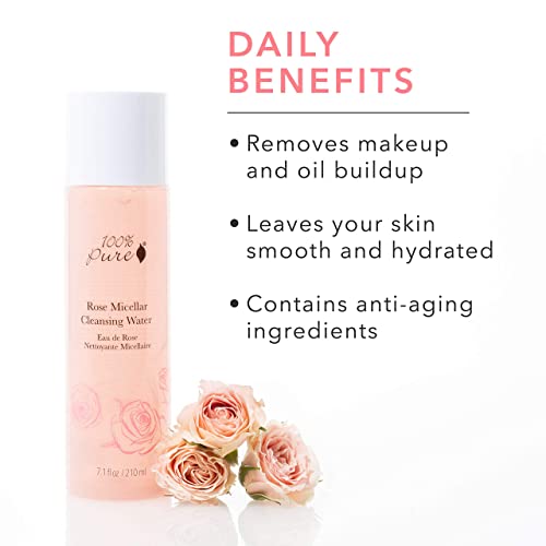 100% PURE Rose Micellar Cleansing Water, Hydrating Makeup Remover, Daily Skin Care for All Skin Types, Soothing Micellar Water, Natural Skin Care - 7.1 Fl Oz
