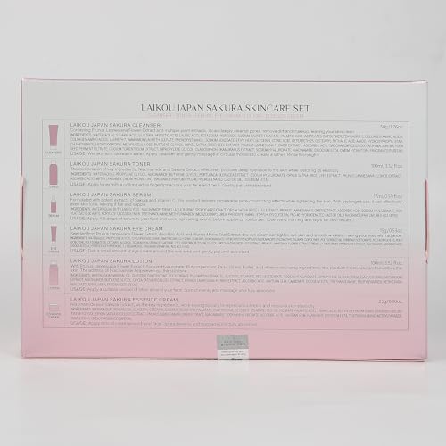 LAIKOU Skin Care Set, Facial Skin Care Products, Skin Care Kit with Sakura Serum, Cleanser, Toner, Lotion, Eye Cream, Essence Cream 6pcs for Women Teen Girls Mom Daughter Lover Mother's Day Christmas