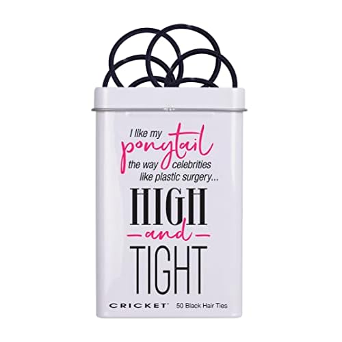 Cricket High and Tight Hair Tin with 50 Black Non-Metal, No-Ouch Hair Ties, Reusable Retro Metal Storage Tin, Compact Size for Travel and On-the-Go, Ideal for Home, Salon, and Barbershops