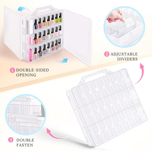 DreamGenius Nail Polish Organizer Case for 48 Bottles with 2 Nail Separators, Double Side Gel Nail Polish Holder with Adjustable Dividers, Clear