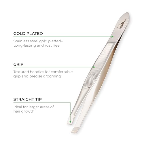 NGHIA Straight Tip Tweezer - N-408 | Gold Plated Stainless Steel | Ergonomic Eyebrow Tweezer for Precision Grooming | Hair Removal | Professional Quality for Salon and Home Use