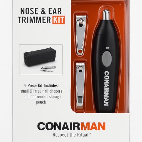 ConairMan Nose & Ear Trimmer Kit - 4 Piece Grooming Set with Nail Clippers and Storage Pouch
