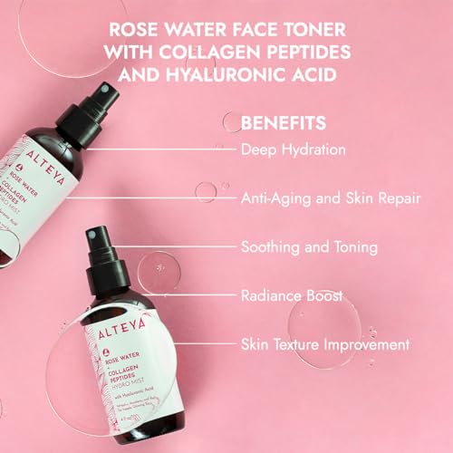 Alteya Organics Rose Water Face Toner ? With Collagen Peptides & Hyaluronic Acid ? Hydrating Facial Mist for Anti-Aging, Firming & Radiant Skin ? 4 Fl Oz / 120mL