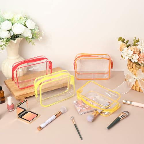 24 Pack Clear Makeup Bags Bulk Cosmetic Storage Bag Waterproof PVC Pouch with Zipper for Travel Organizer Plastic Toiletries Case for Women Traveling Bathroom, 7"x 4.7"x 2.4"(Yellow)