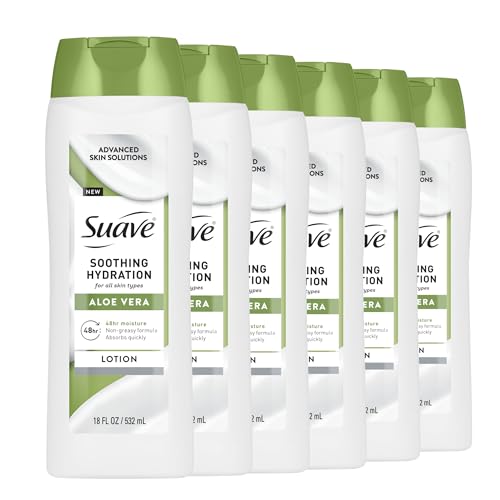 Suave Soothing Hydration Hand & Body Lotion With Aloe Vera Refreshes Dry Skin, Fast Absorbing, Intensive Moisturizing Cream For Women, Non Greasy, Allergen Free, 18 FL OZ, 6 Pack