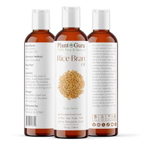 Plant Guru Rice Bran Oil 4 fl. oz. ? 100% Pure & Natural Carrier Oil for Skin, Face, Body, and Hair Moisturizing. Great for DIY Creams, Lotions, and Lip Balms.