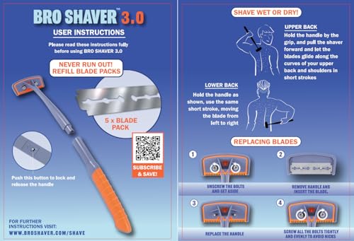 BRO SHAVER, Back Shaver for Men (DIY) Back & Body Hair Trimmer. Shave Wet or Dry. No Expensive Refills - Uses Double Edge Razor Blades. Ergonomic Handle