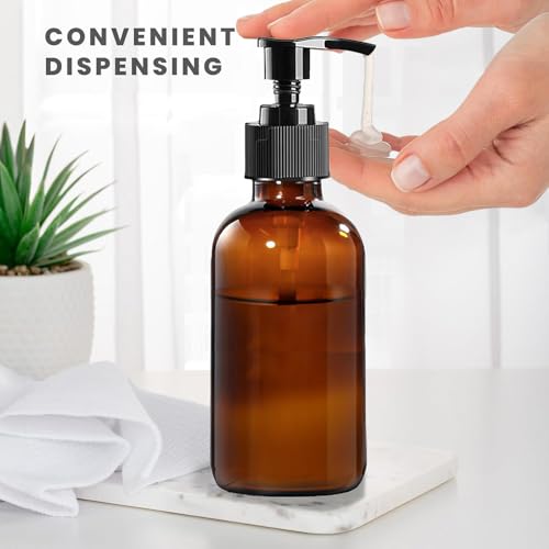 12 Pack 8 oz Amber Glass Bottles with Pumps for Essential Oils, Cleaning Products, Lotions, Aromatherapy Oil, Pump Bottles, Refillable Containers with Cap, Funnel, 12 Chalk Labels, 1 Pen