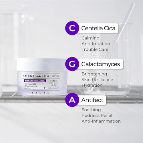 IZEZE Hyper CGA Cica Cream 1.69 fl.oz, 50 ml | Centella Asiatica for Calming, Korean Skincare Cream for Soothing, Acne Prone Skin, Low Irritation for Sensitive Skin, Skincare Coreano