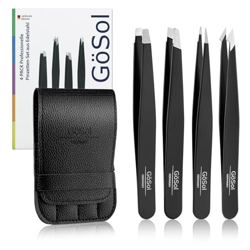 Tweezers Set - 4Pcs Professional Stainless Steel Eyebrows Tweezers for Women Facial Hair, High Precision Tweezers with Slant, Pointed, Flat Tips for Ingrown Hair Removal Women Men
