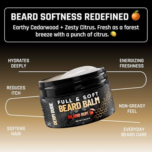 Derm Dude Full and Soft Beard Balm for Men ? Conditioning Balm with Natural Oils for Growth, Softness & Styling ? Tames Frizz, Hydrates Skin ? Non-Greasy - Island Rum, 2oz
