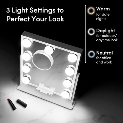 Fancii Vanity Mirror with Lights, BT Speaker, Wireless Charging - Detachable 10X Magnifying Mirror, 9 Hollywood Bulbs, LED Lighted Makeup Mirror with Phone Stand, 3 Color Modes, Adjustable Tilt