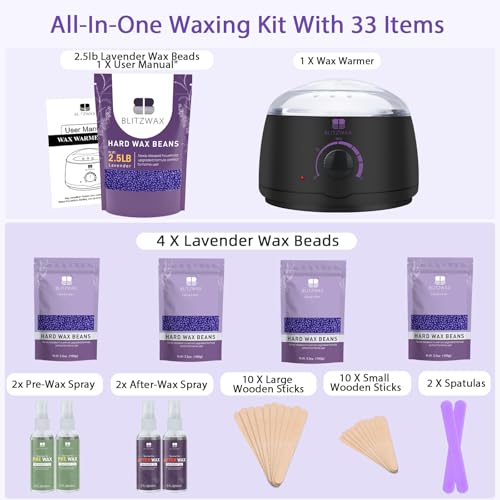 BLITZWAX Hair Removal Waxing Kit with 2.5lb Lavender Waxing Beads for Sensitive Face, Legs, and Body, 33pcs Accessories Ideal for Women Men at Home Salon, Beginner Friendly, Quick Heating