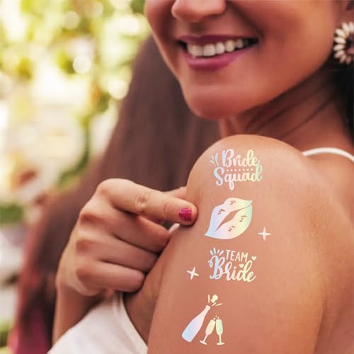 Bride Squad 80+ PCS Bachelorette Party Tattoos - Wedding Cheers Bride Tribe Temporary Tattoos for Bride & Bridesmaid, Iridescent Metallic Tattoos