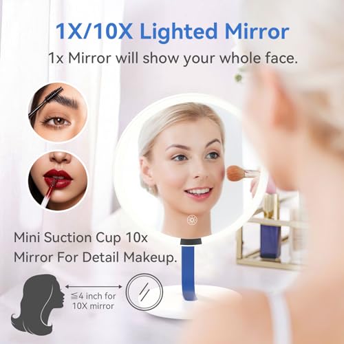 9.65-inch Lighting Makeup Mirror, 1x / 10x,Touch Control,3-Color Adjustable,Metal Stand,up and Down Adjustable Makeup Mirror, High Color Rendering, Eye-Protecting Light Source,Ultramarine