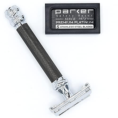 Parker 76R Heavyweight Butterfly Open Safety Razor ? Gunmetal Finish with Long Knurled Handle for Precision Wet Shaving
