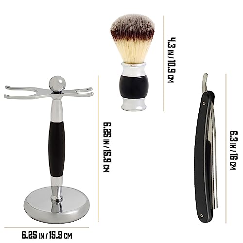 Union Razors SS5 Black Three Piece Straight Shave Kit with Razor, Brush and Stand with Wood Handles