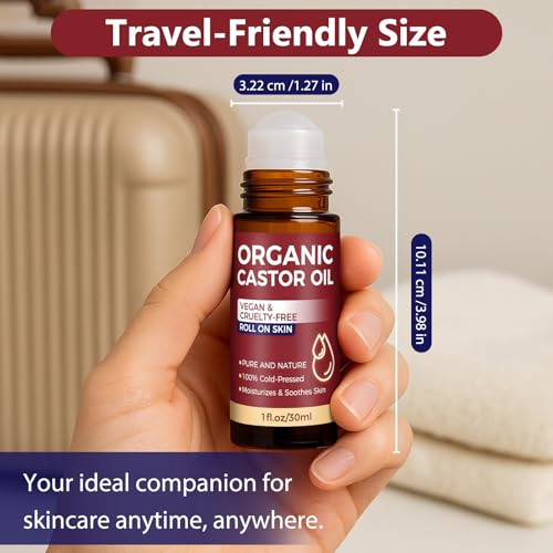 Organic Castor Oil Roll on, Castor Oil Roller Ball for Eyes, Face, Body Skin, Hair and Belly Button, Cold Pressed Unrefined, in Glass Bottle, Travel Size (1Fl Oz)