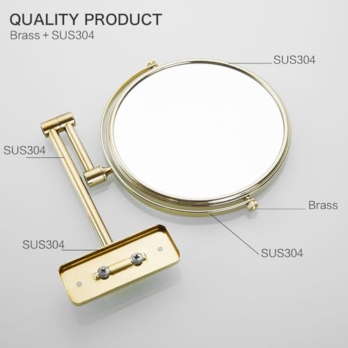 Gold 1x10x Double Sided Magnifying Bathroom Makeup Mirror 360 Degree Swivel Mirror Adjustable Telescopic Arm Wall Mount 8 Inch Non-Illuminated Beauty Mirror Shaving Mirror£¨Square Base£©